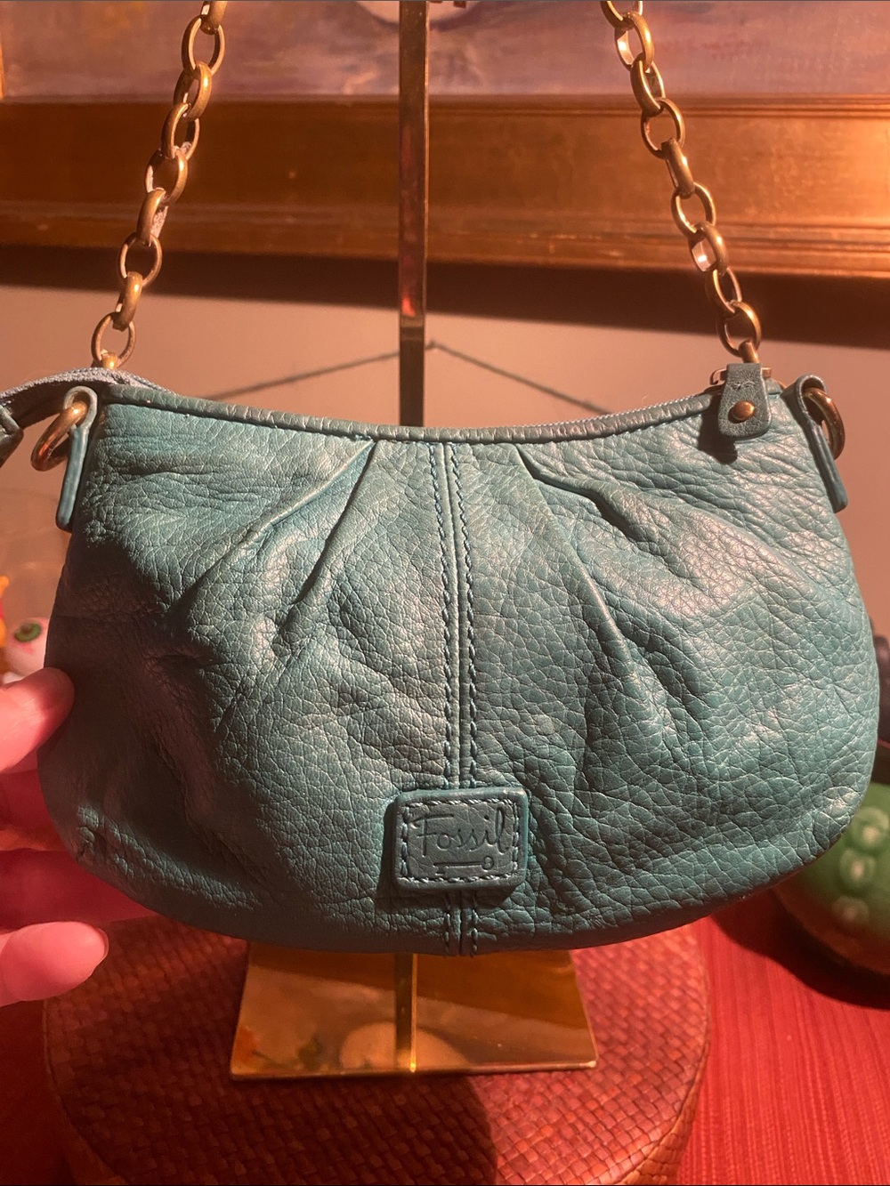 Fossil Teal Green Leather Crossbody Adjustable Strap